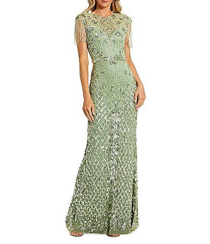 Mac Duggal Sequin Embellished Crew Neck Cap Sleeve Sequin Belt Beaded Fringe Sheath Gown