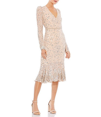 Mac Duggal Sequin Embellished Flounce Hem Surplice V-Neck Long Sleeve Midi Dress