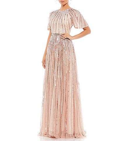 Mac Duggal Sequin Embellished Illusion Crew Neck Short Sleeve A-Line Gown