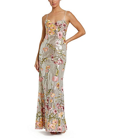 Mac Duggal Sequin Embroidered Floral Sweetheart Neck Sleeveless Spaghetti Straps Chemise Gown
