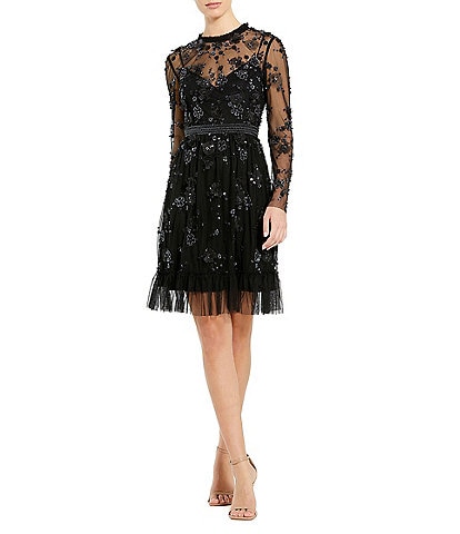 Mac Duggal Sequin Embroidered Illusion Crew Neck Long Sleeve Ruffle Trim Mini Dress