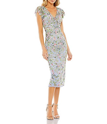 Mac Duggal Sequin Embroidered Surplice V-Neck Flutter Cap Sleeve Midi Sheath Dress