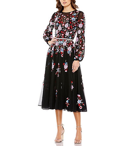 Mac Duggal Sequin Floral Print Jewel Neck Long Puffed Sleeve Midi Dress