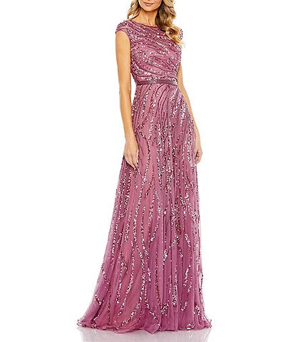 Mac Duggal Sequin Illusion Boat Neck Cap Sleeve A-Line Gown