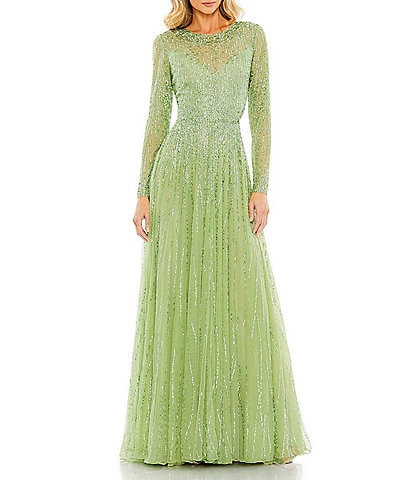 Mac Duggal Sequin Illusion Boat Neckline Long Sleeve Gown