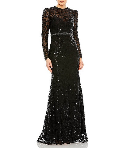 Mac Duggal Sequin Lace Crew Neckline Long Sleeve Gown