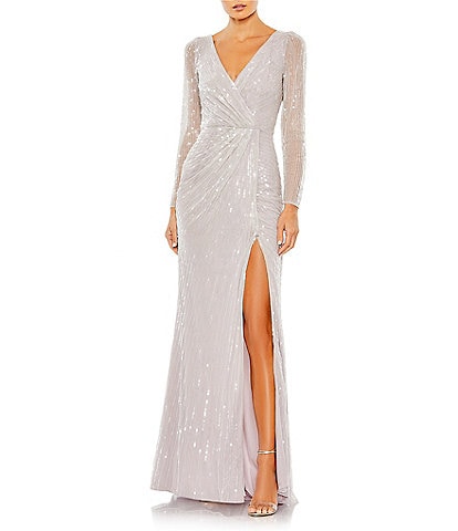 Mac Duggal Sequin Long Sleeve Surplice V-Neck Faux Wrap Thigh High Slit Sequin Gown