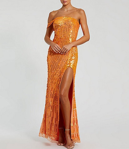 Mac Duggal Sequin Mesh One Shoulder Gown with Slit