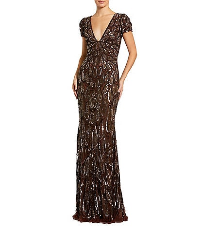 Mac Duggal Sequin Mesh Plunge V-Neck Short Sleeves Column Gown