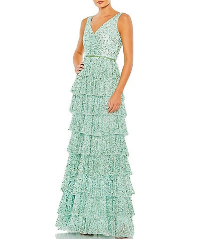 Mac Duggal Sequin Mesh Surplice V-Neck Sleeveless Tiered A-Line Gown