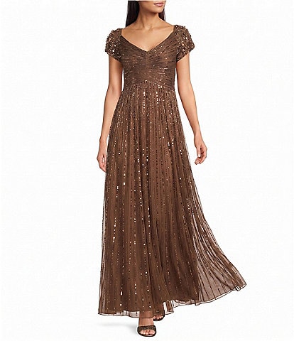 Mac Duggal Sequin Mesh V-Neck Beaded Shoulder A-Line Gown
