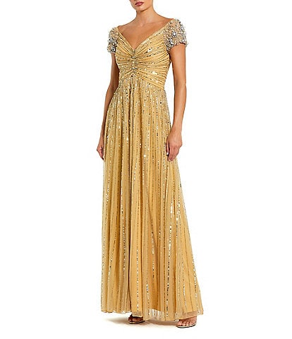 Mac Duggal Sequin Mesh V-Neck Beaded Shoulder A-Line Gown