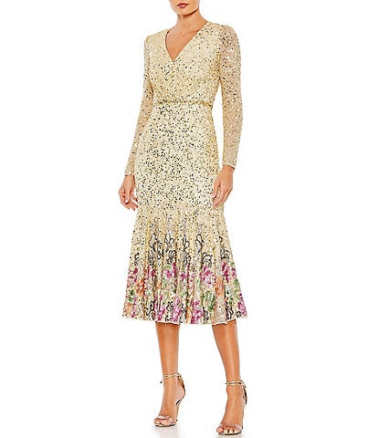 Mac Duggal Sequin Mesh V-Neck Long Sleeve Floral Trim Midi Dress