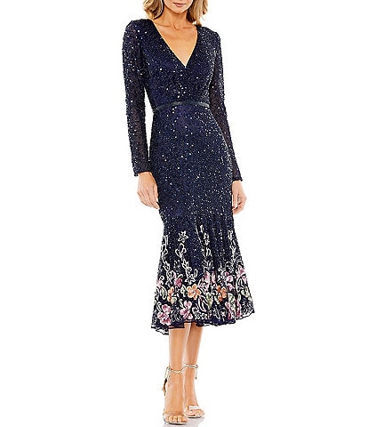 Mac Duggal Sequin Mesh V-Neck Long Sleeve Floral Trim Midi Dress