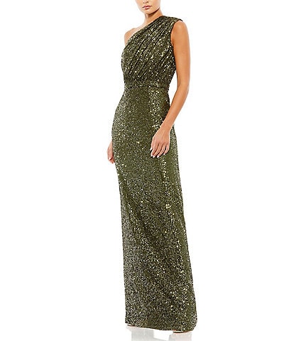 Mac Duggal Sequin Ruched One Shoulder Gown