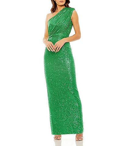Mac Duggal Sequin Ruched One Shoulder Gown
