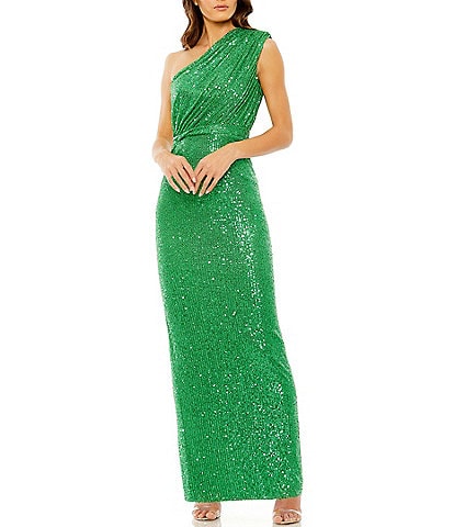 Mac Duggal Sequin Ruched One Shoulder Gown