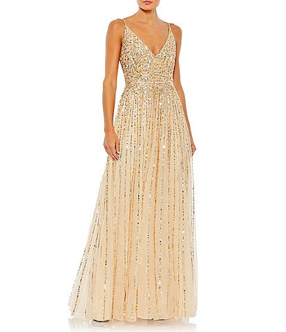 Mac Duggal Sequin Sleeveless Surplice V Neck Wrap Over A-Line Gown