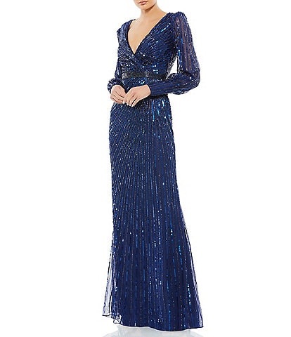 Mac Duggal Sequin Surplice V-Neck Long Bishop Sleeve Wrap Over Gown