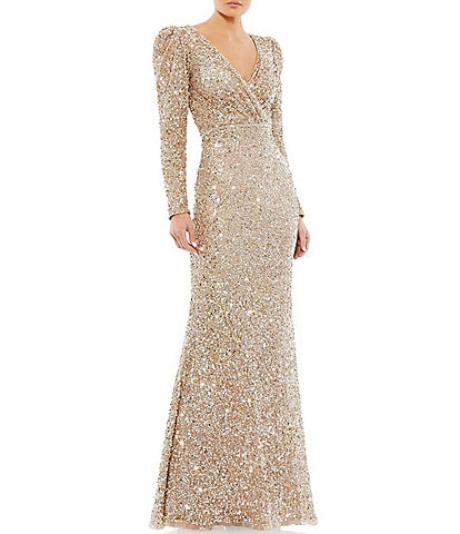 Mac Duggal Sequin Surplice V-Neck Long Puff Sleeve Faux Wrap Gown