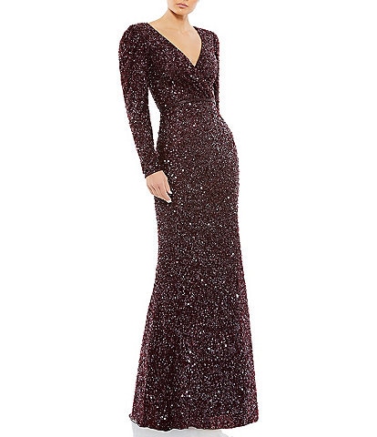 Mac Duggal Sequin Surplice V-Neck Long Puff Sleeve Faux Wrap Gown