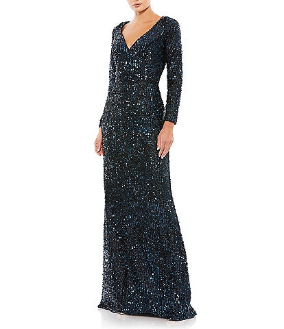 Mac Duggal Sequin Sweetheart Neck Long Sleeve Gown