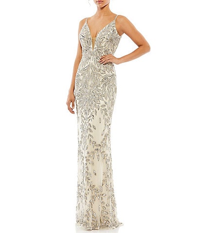 Mac Duggal Sequin V-Neck Floral Leaves Spaghetti Strap Scoop Back Detail Gown