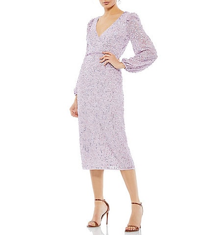Mac Duggal Sequin V-Neck Long Puffed Sleeve Sheath Midi Dress