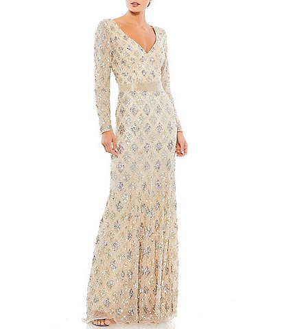 Mac Duggal Sequin Plunge V-Neck Long Sleeve Sheath Gown