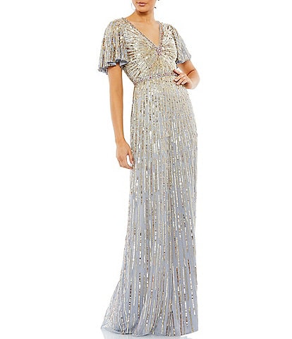 Mac Duggal Sequin V-Neck Short Butterfly Sleeve Gown