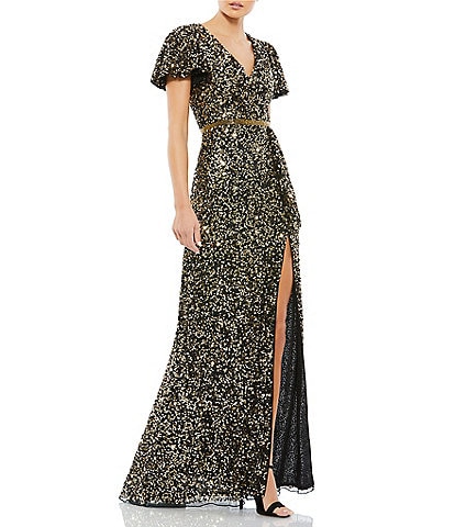 Mac Duggal Sequin V-Neck Short Flutter Sleeve Front Slit Gown