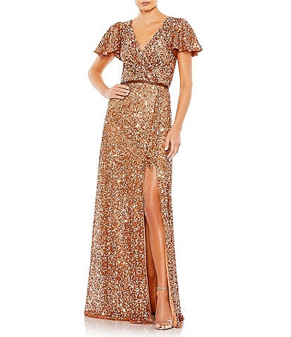 Mac Duggal Sequin V-Neck Short Flutter Sleeve Front Slit Gown