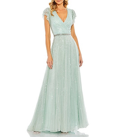 Mac Duggal Sequin Wrap Over Surplice V-Neck Ruffle Cap Sleeve Gown