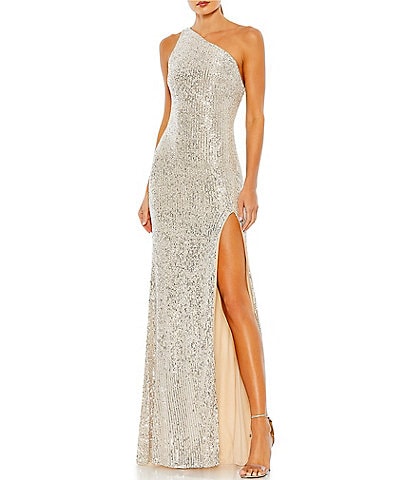 Mac Duggal Sequined Asymmetrical One Shoulder Sleeveless Strappy Open Back Detail Thigh High Slit Gown