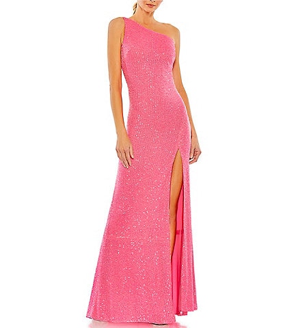 Mac Duggal Sequined Asymmetrical One Shoulder Sleeveless Strappy Open Back Detail Thigh High Slit Gown