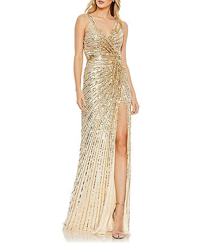 Mac Duggal Sequined Faux Wrap V-Neck Thigh High Slit Back Cut-Out Sleeveless Gown