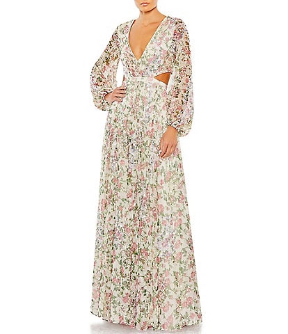 Mac Duggal Sequined Floral Print V-Neck Long Puff Sleeve Side Cut-Out Gown