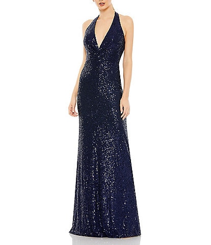 Mac Duggal Sequined Halter V-Neck Open Back A-Line Gown