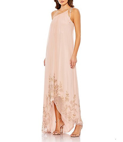 Mac Duggal Sheer Chiffon Beaded One Shoulder Asymmetrical Flowy Caftan Gown