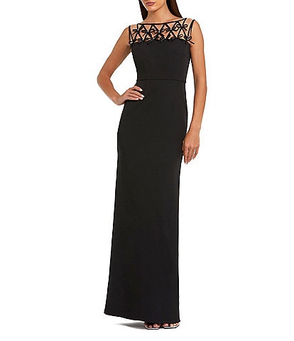 Mac Duggal Sleeveless Crepe Embellished Bows Crew Neck Sheath Gown