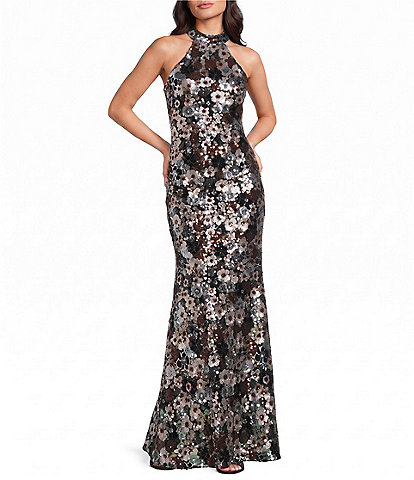 Mac Duggal Sleeveless Halter Neck Sequin Gown