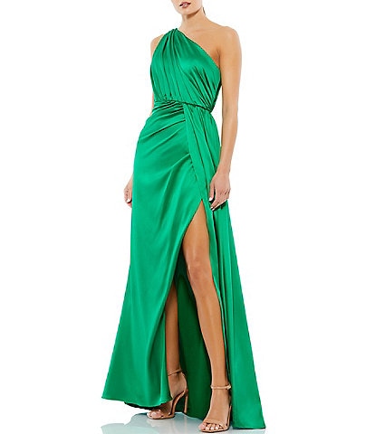 Mac Duggal Sleeveless Pleated One Shoulder Thigh High Slit Satin A-Line Gown