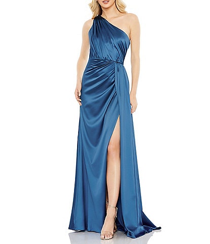 Mac Duggal Sleeveless Pleated One Shoulder Thigh High Slit Satin A-Line Gown