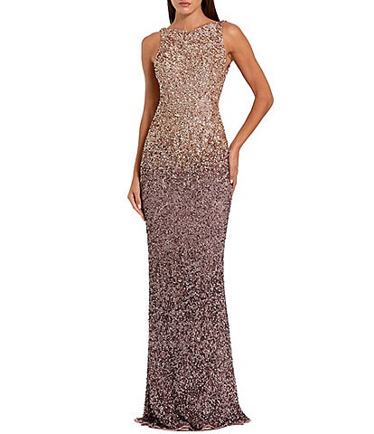 Mac Duggal Sleeveless Sequin Mesh Ombre Evening Gown