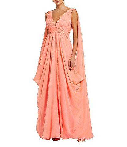 Mac Duggal Sleeveless Shirred Bodice V-Neck Drape Shoulder Chiffon A-Line Gown