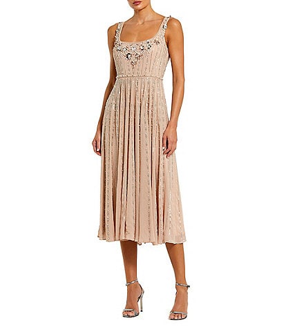 Mac Duggal Sleeveless Square Neck Embellished Mesh A-Line Dress