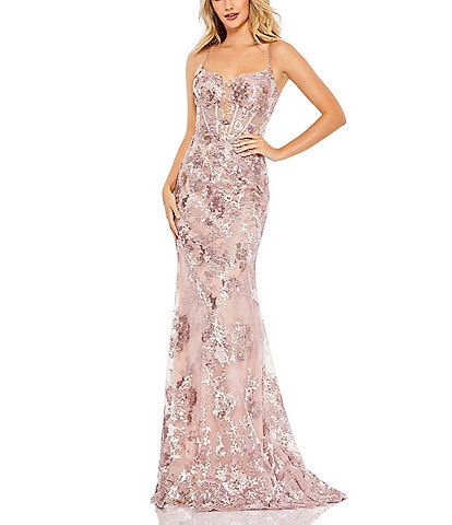Mac Duggal Sleeveless Sweetheart Neck Illusion Corset Embroidered Gown