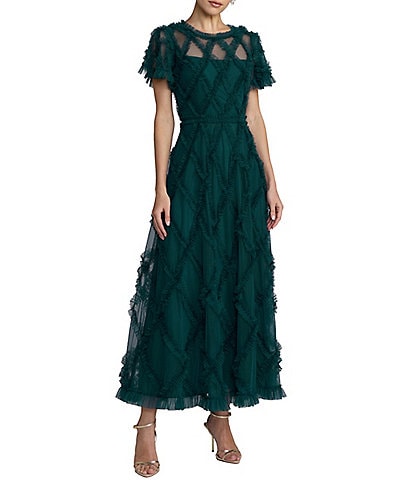 Mac Duggal Solid Mesh Dotted Ruffle Gown Dress