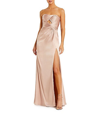 Mac Duggal Strapless Charmeuse Wrap Gown With Cutout Detail and Train