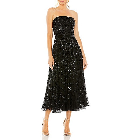 Mac Duggal Strapless Embellished Mesh Tea Length Gown